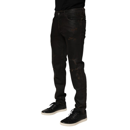 Dolce & Gabbana Dark Brown Tattered Cotton Skinny Denim Jeans Dolce & Gabbana