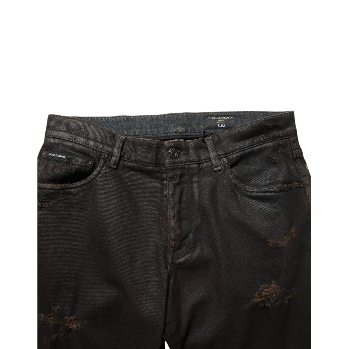 Dolce & Gabbana Dark Brown Tattered Cotton Skinny Denim Jeans Dolce & Gabbana
