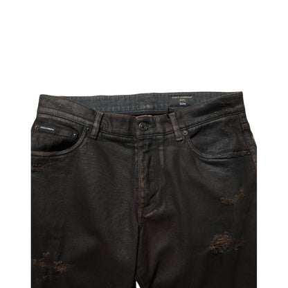 Dolce & Gabbana Dark Brown Tattered Cotton Skinny Denim Jeans Dolce & Gabbana