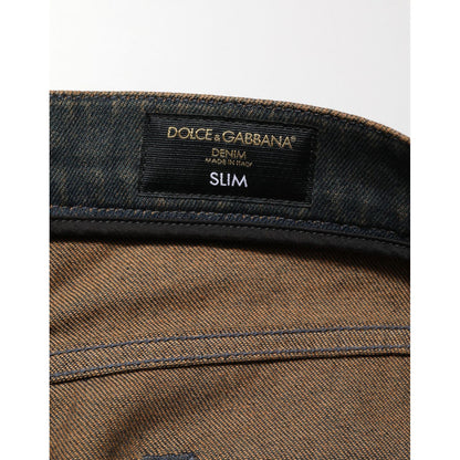 Dolce & Gabbana Dark Brown Tattered Cotton Skinny Denim Jeans Dolce & Gabbana