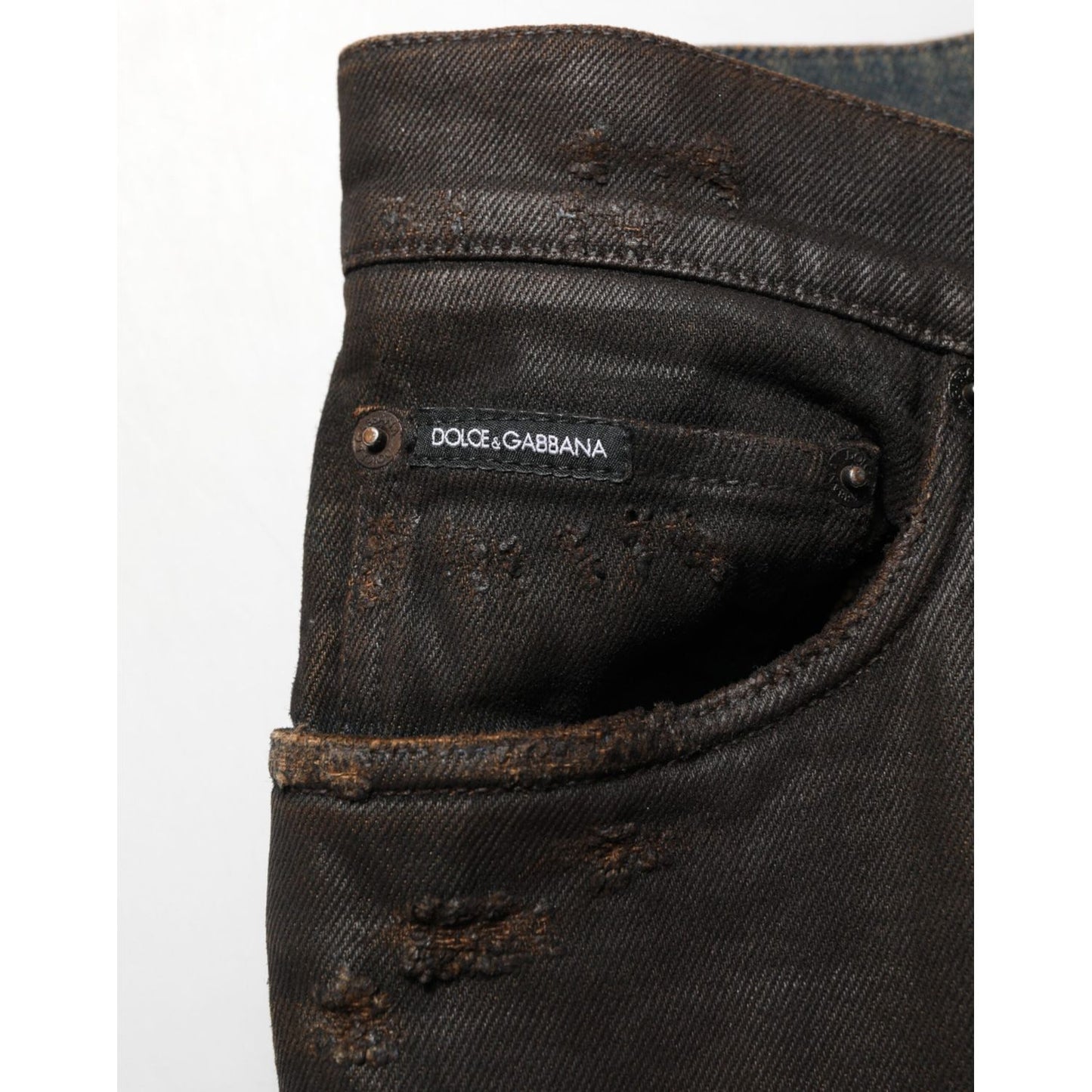 Dolce & Gabbana Dark Brown Tattered Cotton Skinny Denim Jeans Dolce & Gabbana