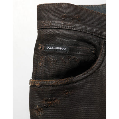 Dolce & Gabbana Dark Brown Tattered Cotton Skinny Denim Jeans Dolce & Gabbana