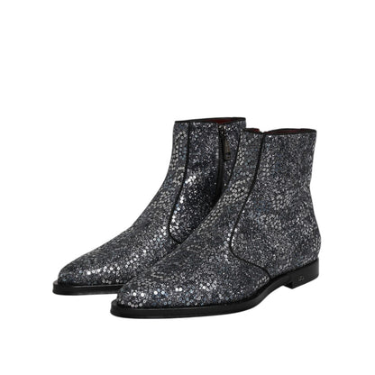 Dolce & Gabbana Dark Gray Cotton Sequined Chelsea Boots Shoes