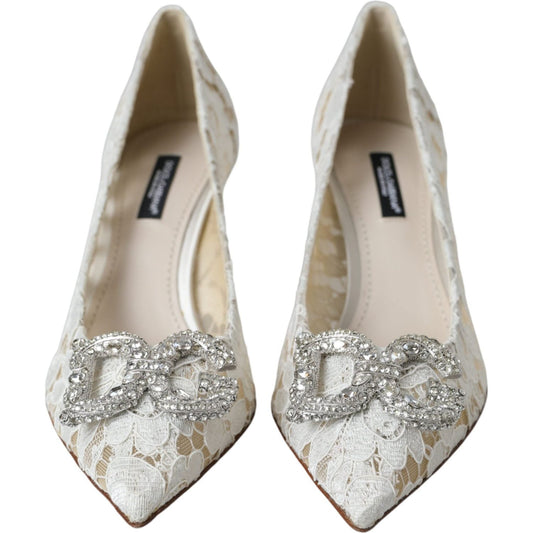 Dolce & Gabbana White Floral Lace DG Crystal Pumps Shoes LA11019-36