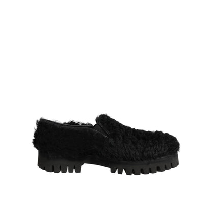 Dolce & Gabbana Dress Black Fur Leather Slippers Men Shoes Dolce & Gabbana