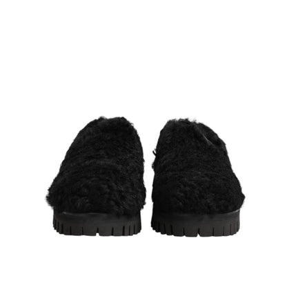 Dolce & Gabbana Dress Black Fur Leather Slippers Men Shoes Dolce & Gabbana