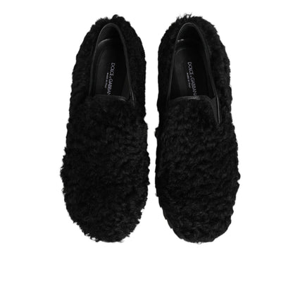Dolce & Gabbana Dress Black Fur Leather Slippers Men Shoes Dolce & Gabbana