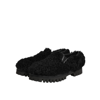 Dolce & Gabbana Dress Black Fur Leather Slippers Men Shoes Dolce & Gabbana