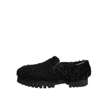 Dolce & Gabbana Dress Black Fur Leather Slippers Men Shoes Dolce & Gabbana