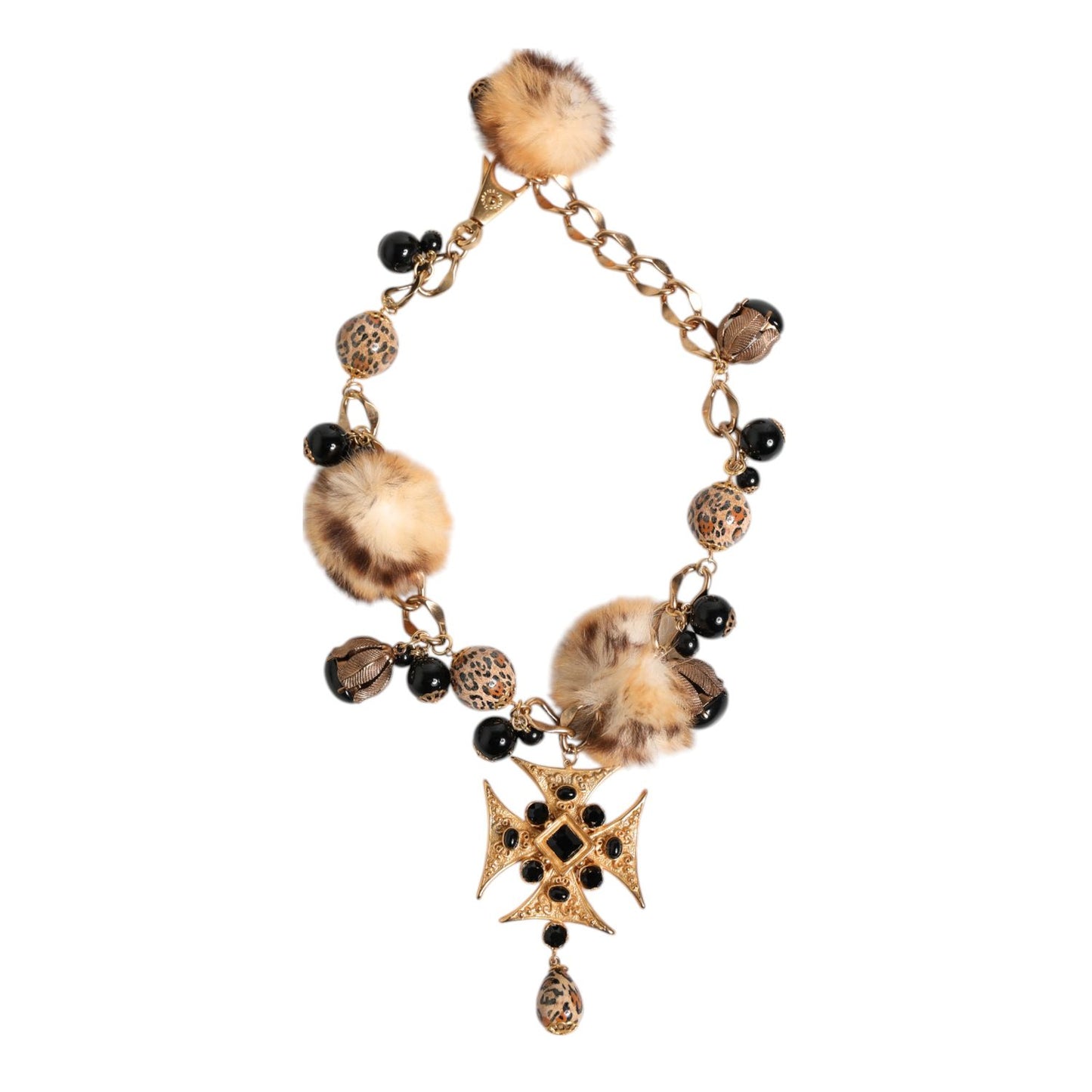 Dolce & Gabbana Gold Black Crystals Lapin Fur Filigree Choker Necklace