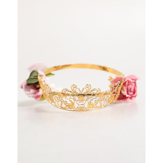 Dolce & Gabbana Gold Floral Tiara Pink Roses Crystal Crown Headband