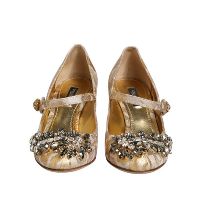 Dolce & Gabbana Gold Jacquard Crystal Mary Janes Pumps Shoes Dolce & Gabbana