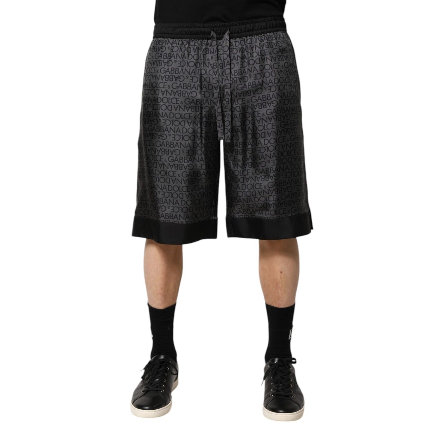 Dolce & Gabbana Gray Black Silk DG Logo Men Bermuda Shorts Dolce & Gabbana