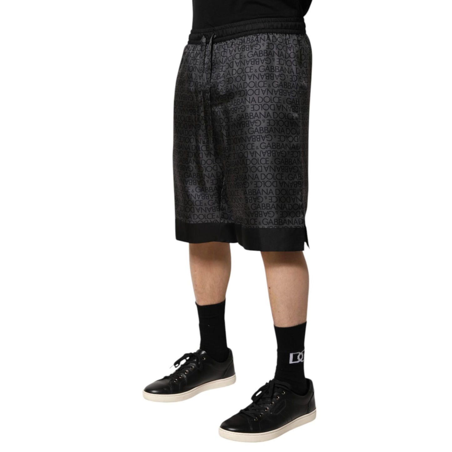 Dolce & Gabbana Gray Black Silk DG Logo Men Bermuda Shorts Dolce & Gabbana