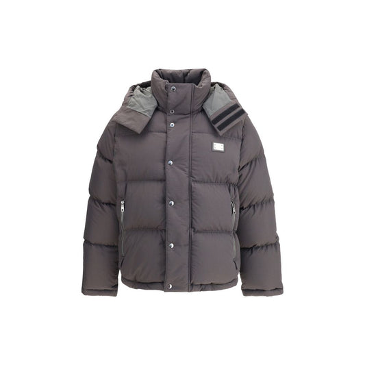 Dolce & Gabbana Gray Padded Down Jacket Polyester Coat with removable hood and zippered pockets for AW25.
