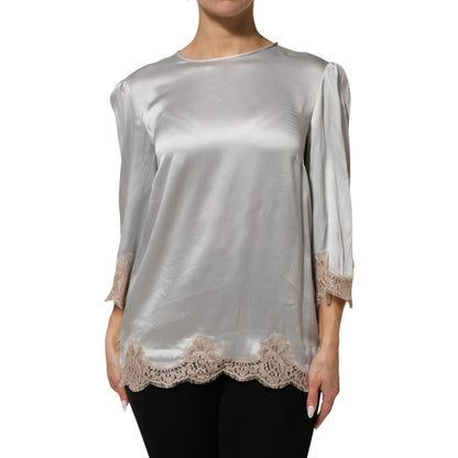 Dolce & Gabbana Gray Silk Satin Floral Lace Long Sleeve Top Dolce & Gabbana