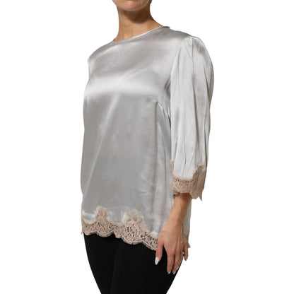Dolce & Gabbana Gray Silk Satin Floral Lace Long Sleeve Top Dolce & Gabbana