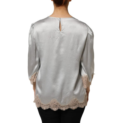 Dolce & Gabbana Gray Silk Satin Floral Lace Long Sleeve Top Dolce & Gabbana