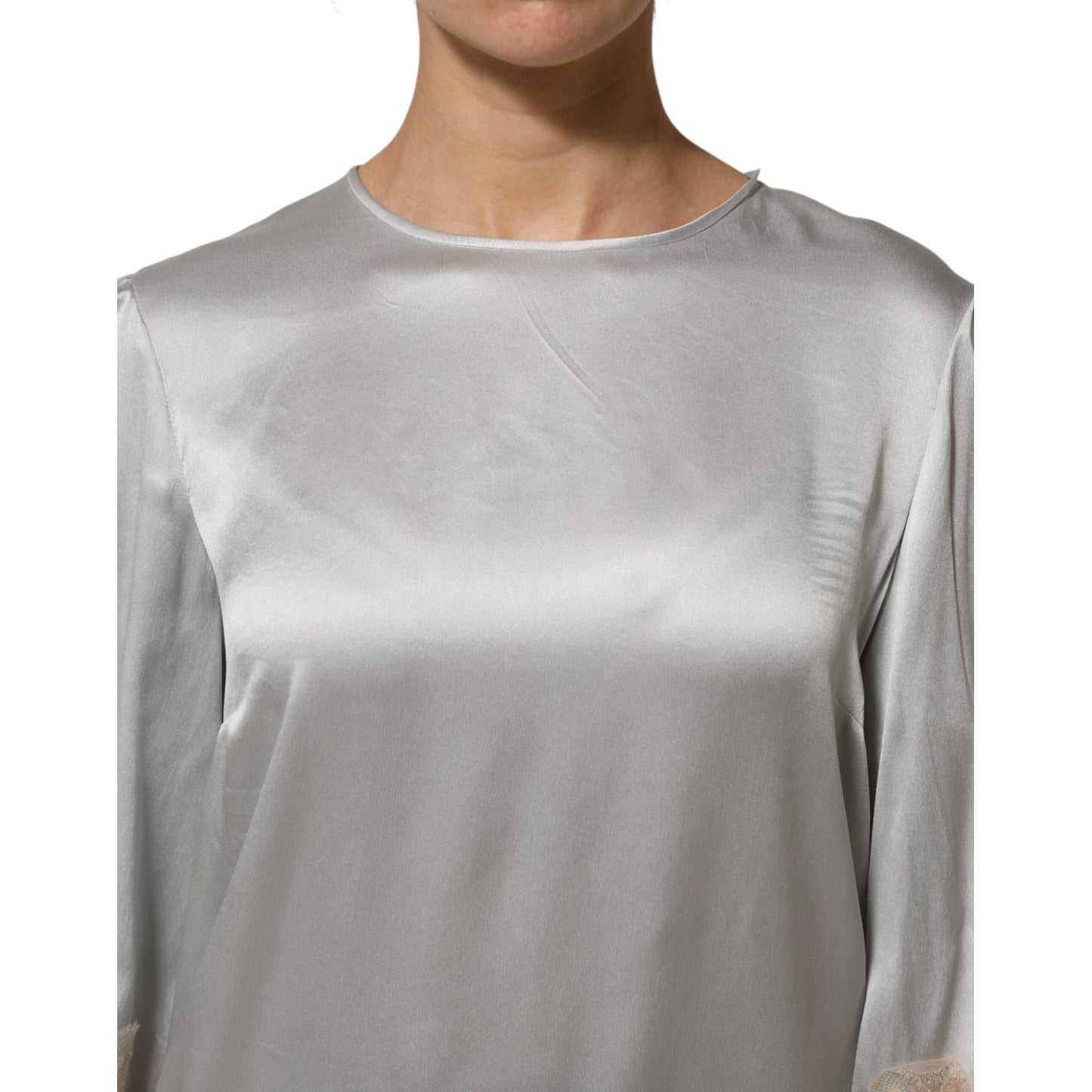 Dolce & Gabbana Gray Silk Satin Floral Lace Long Sleeve Top Dolce & Gabbana