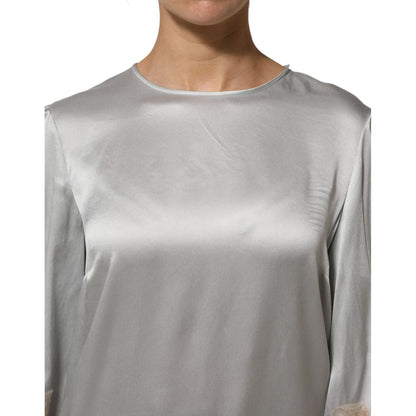 Dolce & Gabbana Gray Silk Satin Floral Lace Long Sleeve Top Dolce & Gabbana