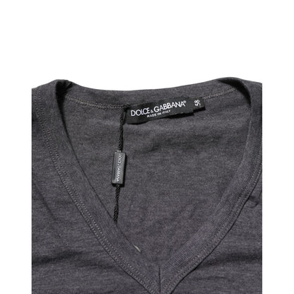 Dolce & Gabbana Grey Cotton V-Neck Logo Plaque Melange T-Shirt