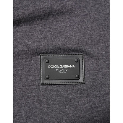 Dolce & Gabbana Grey Cotton V-Neck Logo Plaque Melange T-Shirt