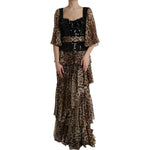 Dolce & Gabbana Leopard Print Silk Sequin Ruffle Maxi Dress with tiered ruffles and sequined bodice, elegant evening wear