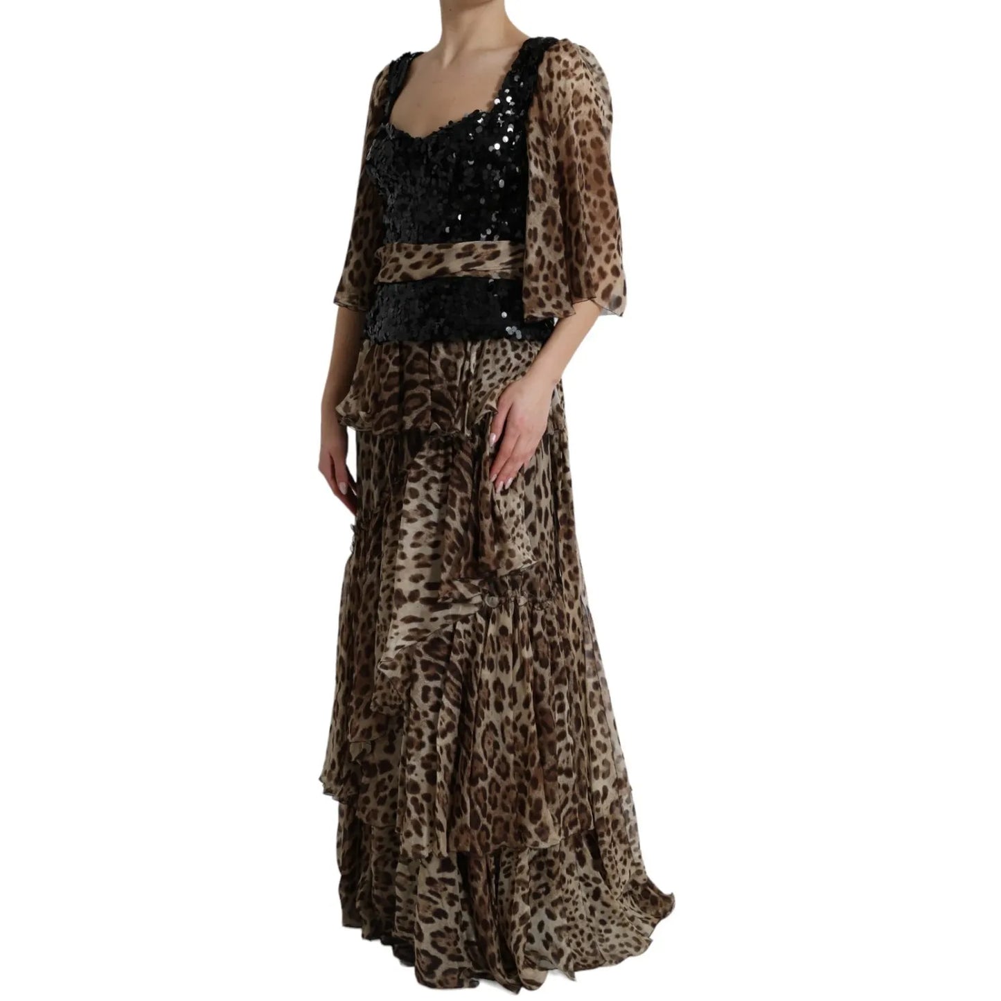 Dolce & Gabbana Leopard Print Silk Sequin Ruffle Maxi Dress featuring elegant wide sleeves and flowing tiered design.