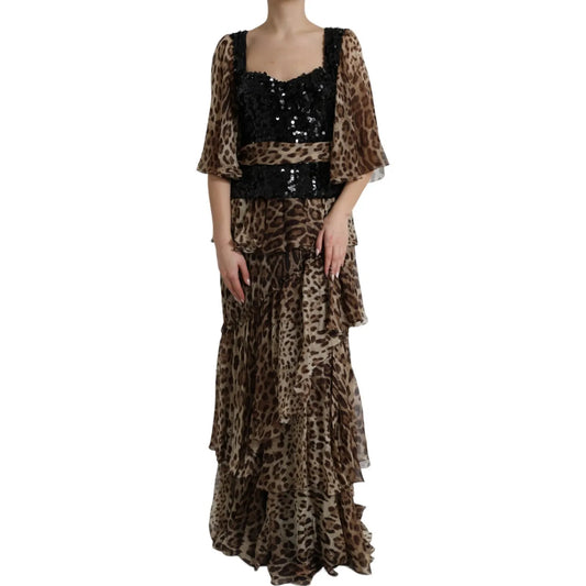 Dolce & Gabbana Leopard Print Silk Sequin Ruffle Maxi Dress with flowing tier design and elegant sequined bodice for sophisticated style.