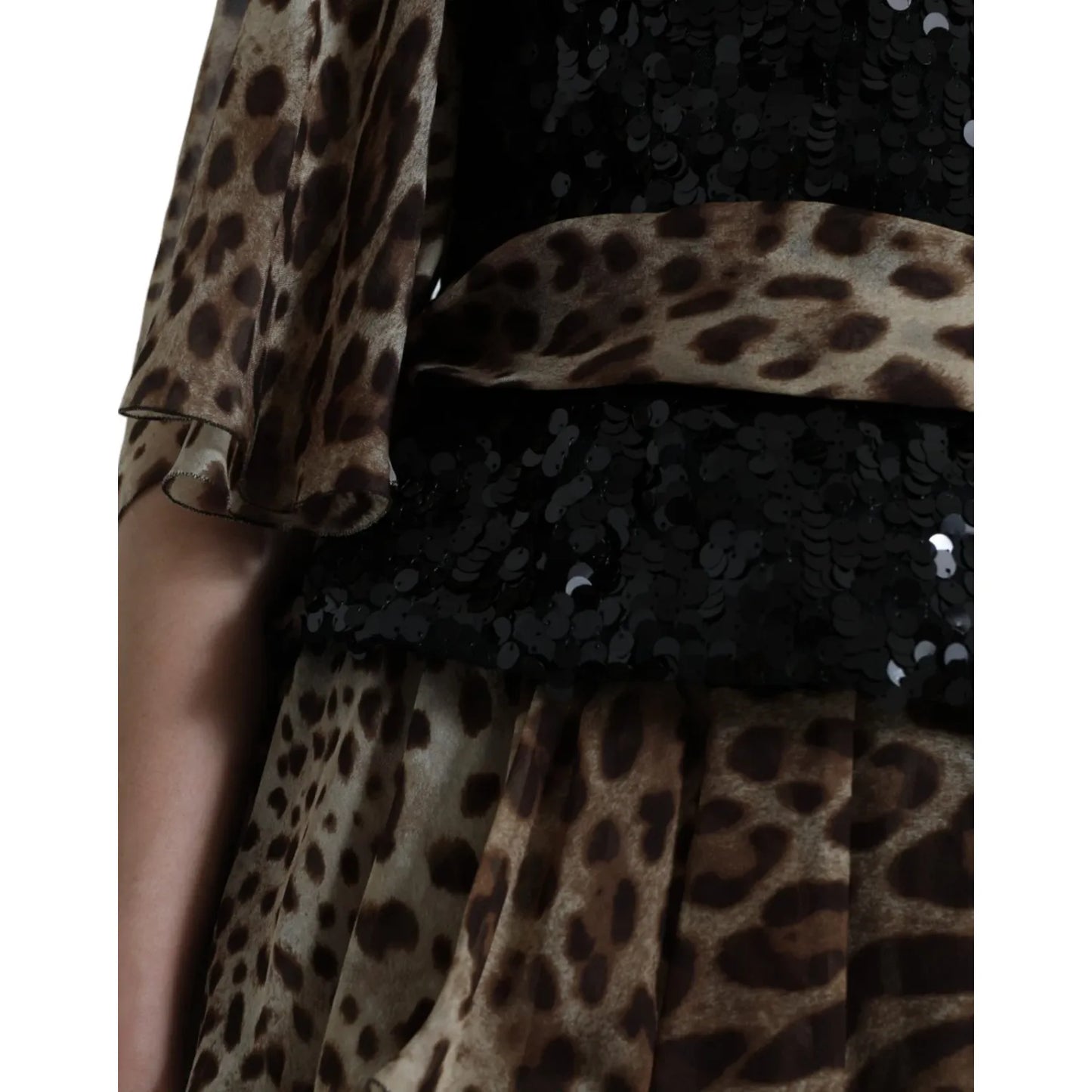 Dolce & Gabbana Leopard Print Silk Sequin Ruffle Maxi Dress with black sequined bodice and wide sleeves.