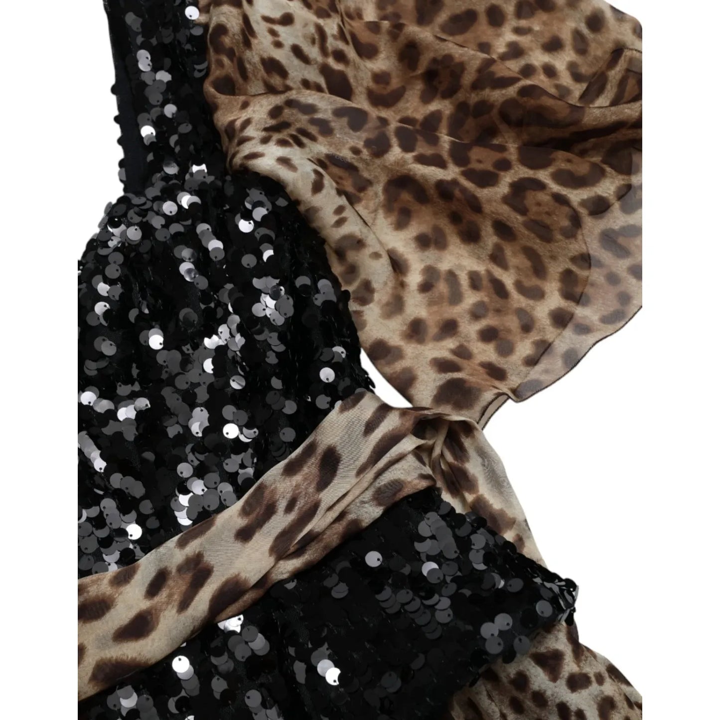 Dolce & Gabbana Leopard Print Silk Sequin Ruffle Maxi Dress with elegant detail showcasing sequins and leopard print fabric.