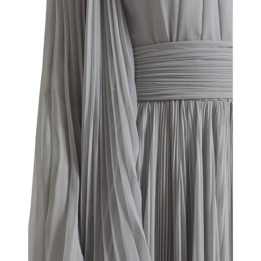 Detail view of Dolce & Gabbana Light Grey Polyester Pleated Long Maxi Dress with zipper closure and logo details.