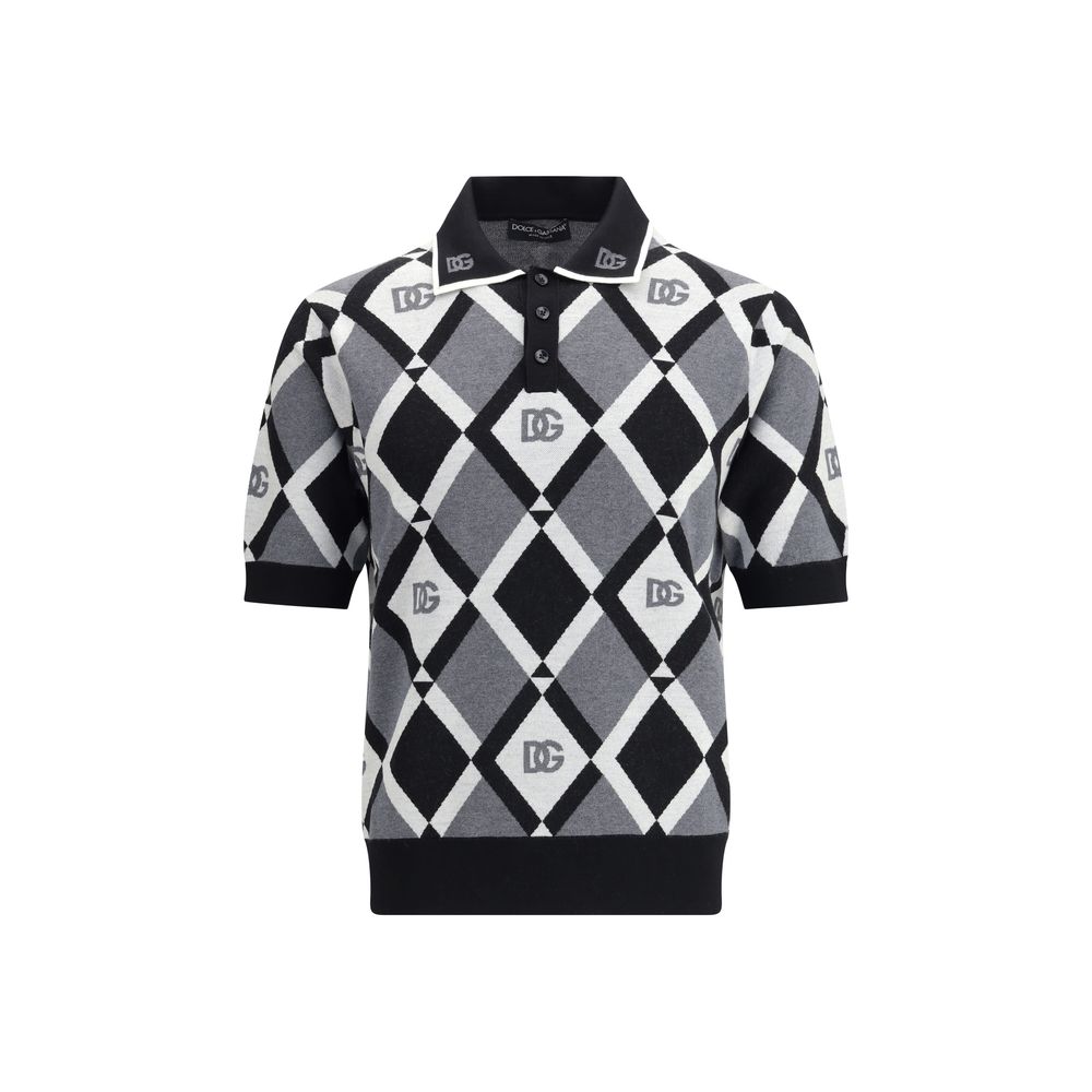 Dolce & Gabbana Multicolor Fleece Wool Polo Shirt with diamond knit pattern and logos, featuring a classic collar and ribbed hem.