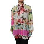 Dolce & Gabbana Multicolor Floral Patchwork Silk Ascot Collar Top featuring vibrant floral prints with elegant design.