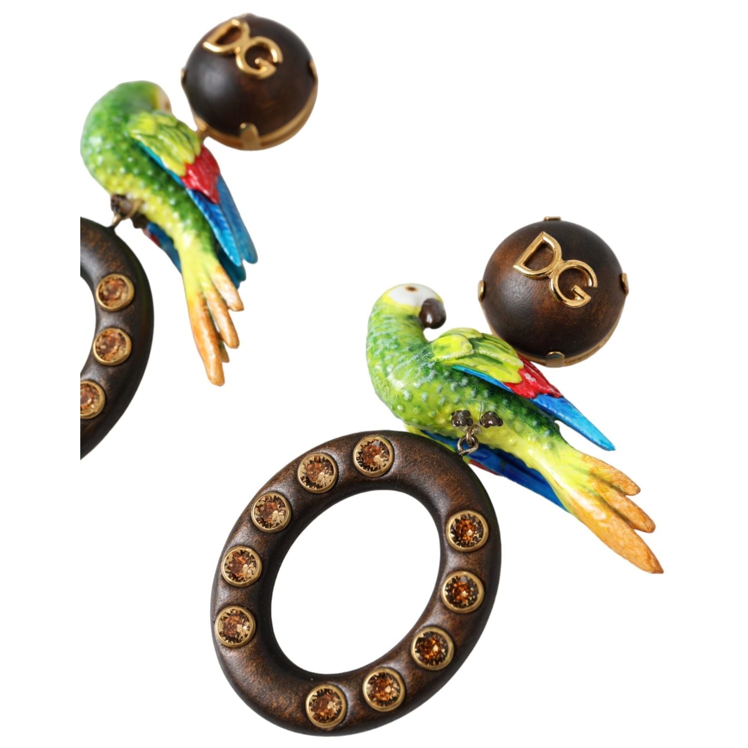 Dolce & Gabbana Multicolor Parrot Wood Brass Crystal Embellished Earrings