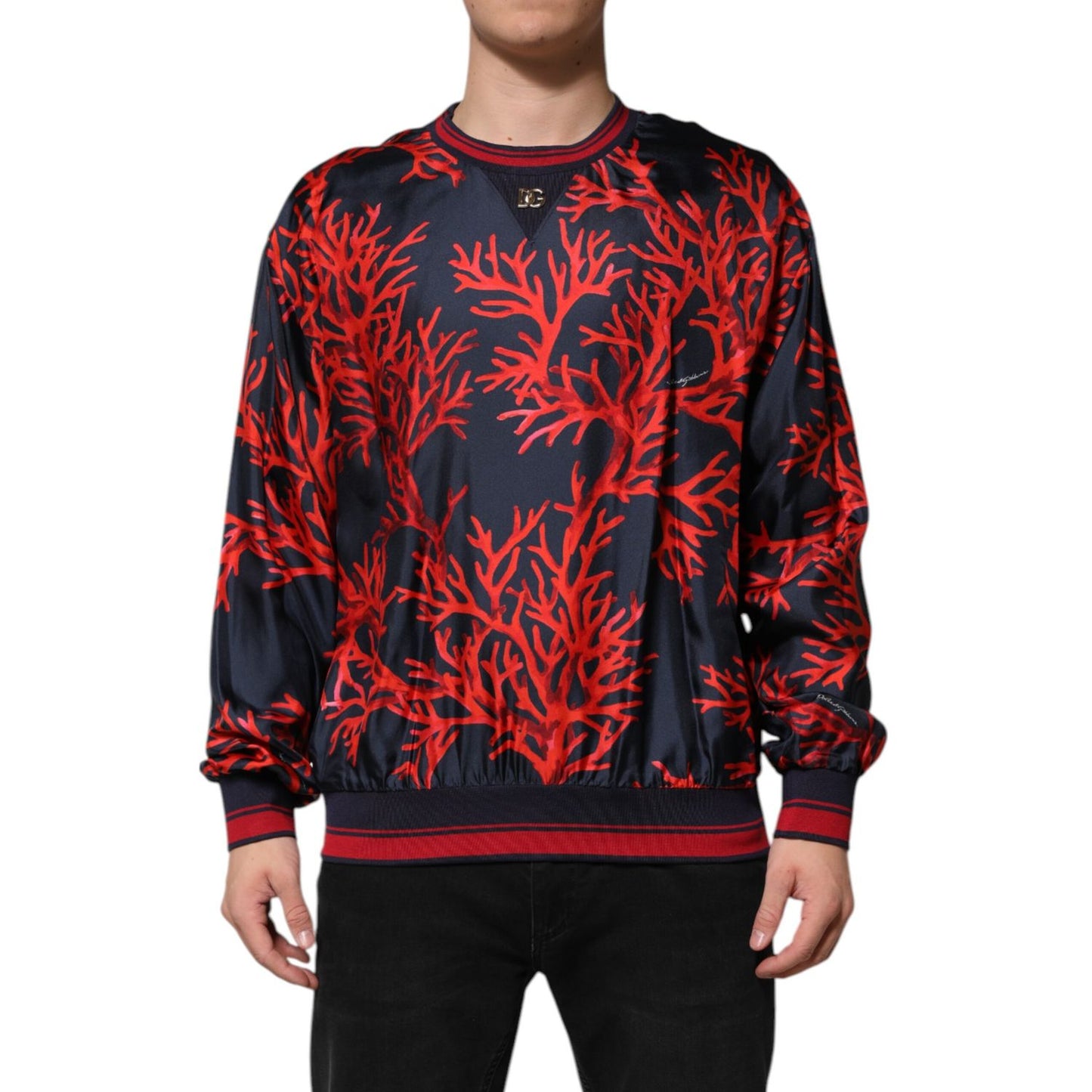 Dolce & Gabbana Navy Red Silk Coral Print Pullover Sweater Dolce & Gabbana