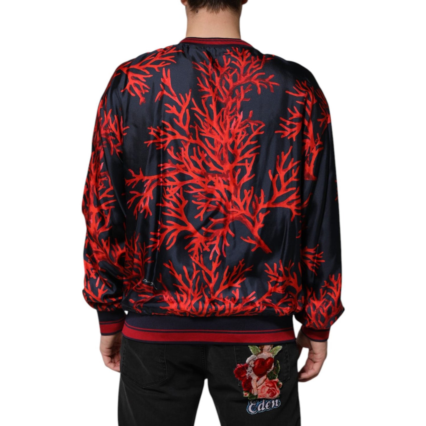 Dolce & Gabbana Navy Red Silk Coral Print Pullover Sweater Dolce & Gabbana