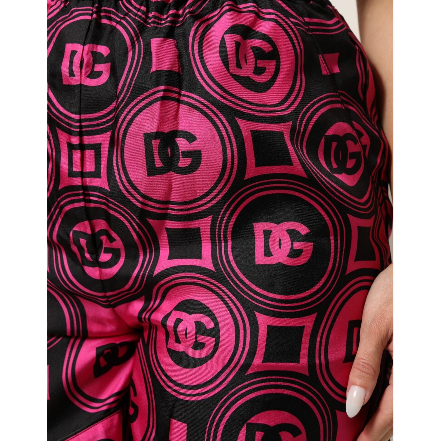 Dolce & Gabbana Pink Black Silk Logo Print DG Pattern Shorts Dolce & Gabbana