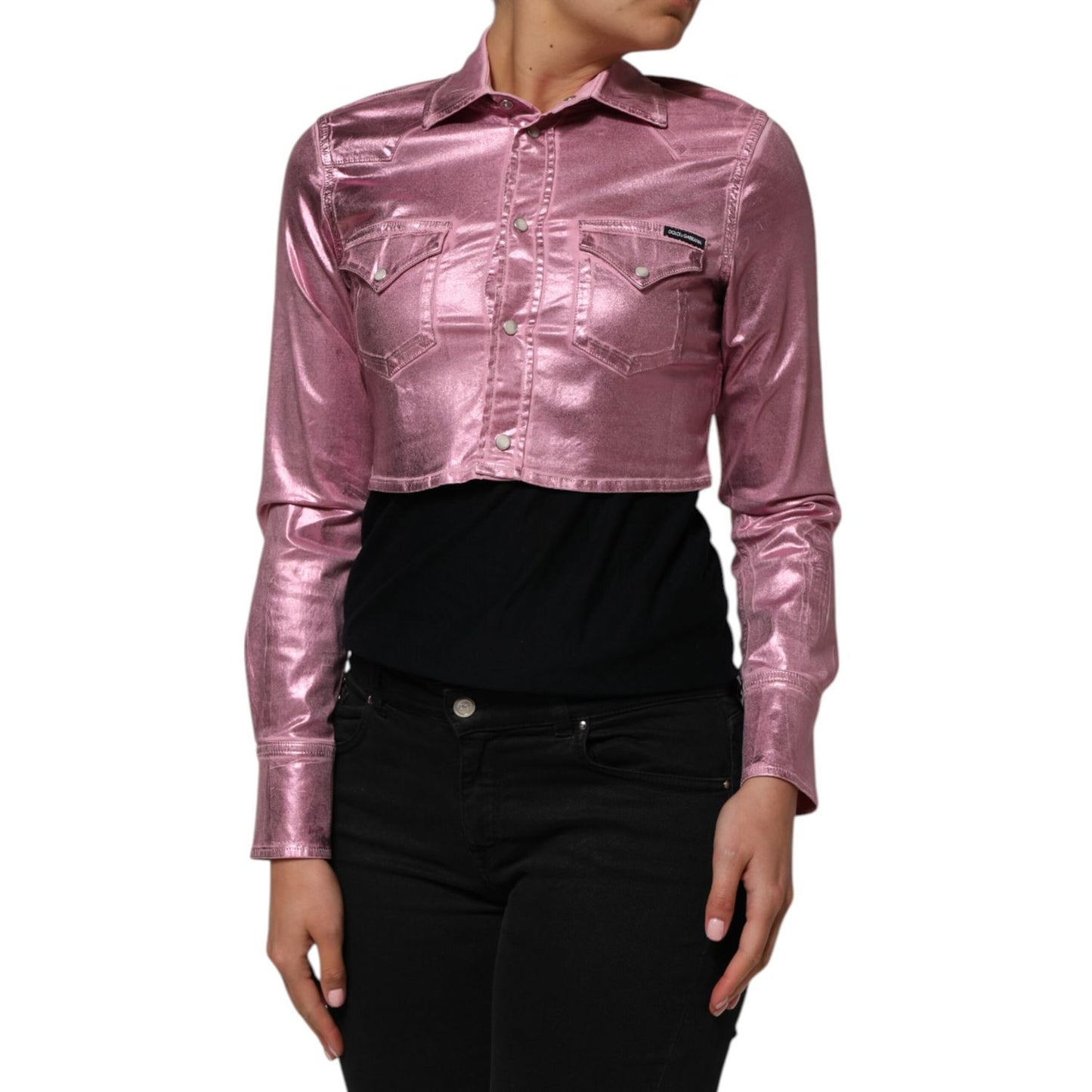 Model wearing Dolce & Gabbana Pink Cotton Stretch Collared Cropped Jacket with fitted cut and structured collar.