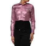 Model wearing Dolce & Gabbana Pink Cotton Stretch Collared Cropped Jacket with fitted cut and structured collar.