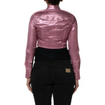 Back view of Dolce & Gabbana Pink Cotton Stretch Collared Cropped Jacket on model, highlighting structured collar and fitted cut.