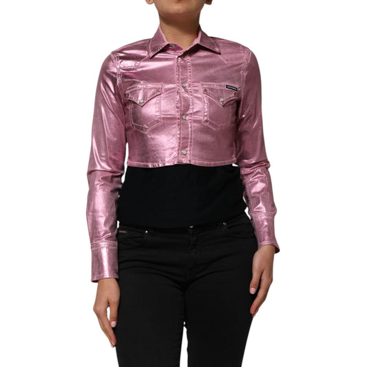 Model wearing Dolce & Gabbana Pink Cotton Stretch Collared Cropped Jacket with long sleeves and structured collar.