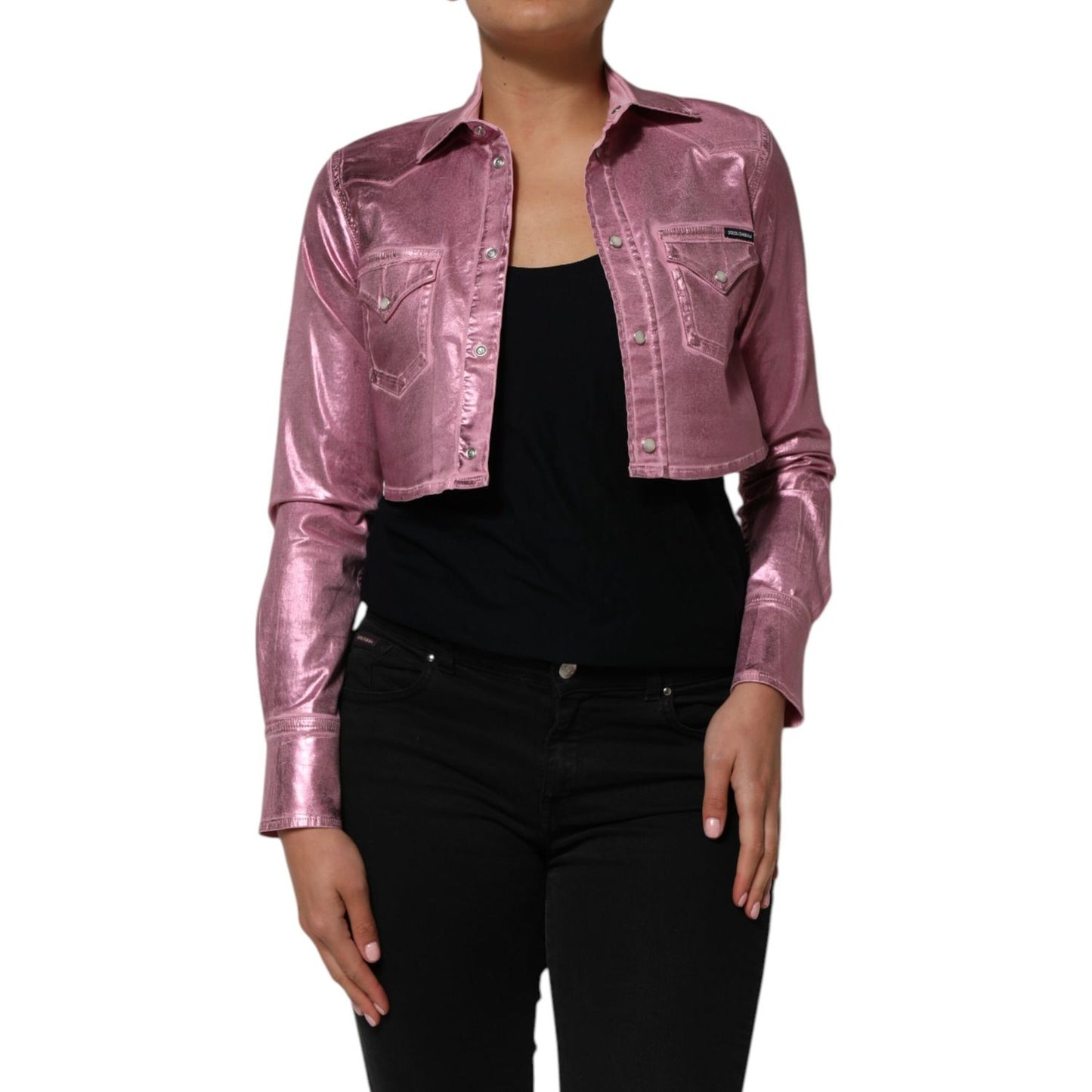 Dolce & Gabbana Pink Cotton Stretch Collared Cropped Jacket on model, featuring a structured collar and flattering fit, stylish and versatile.