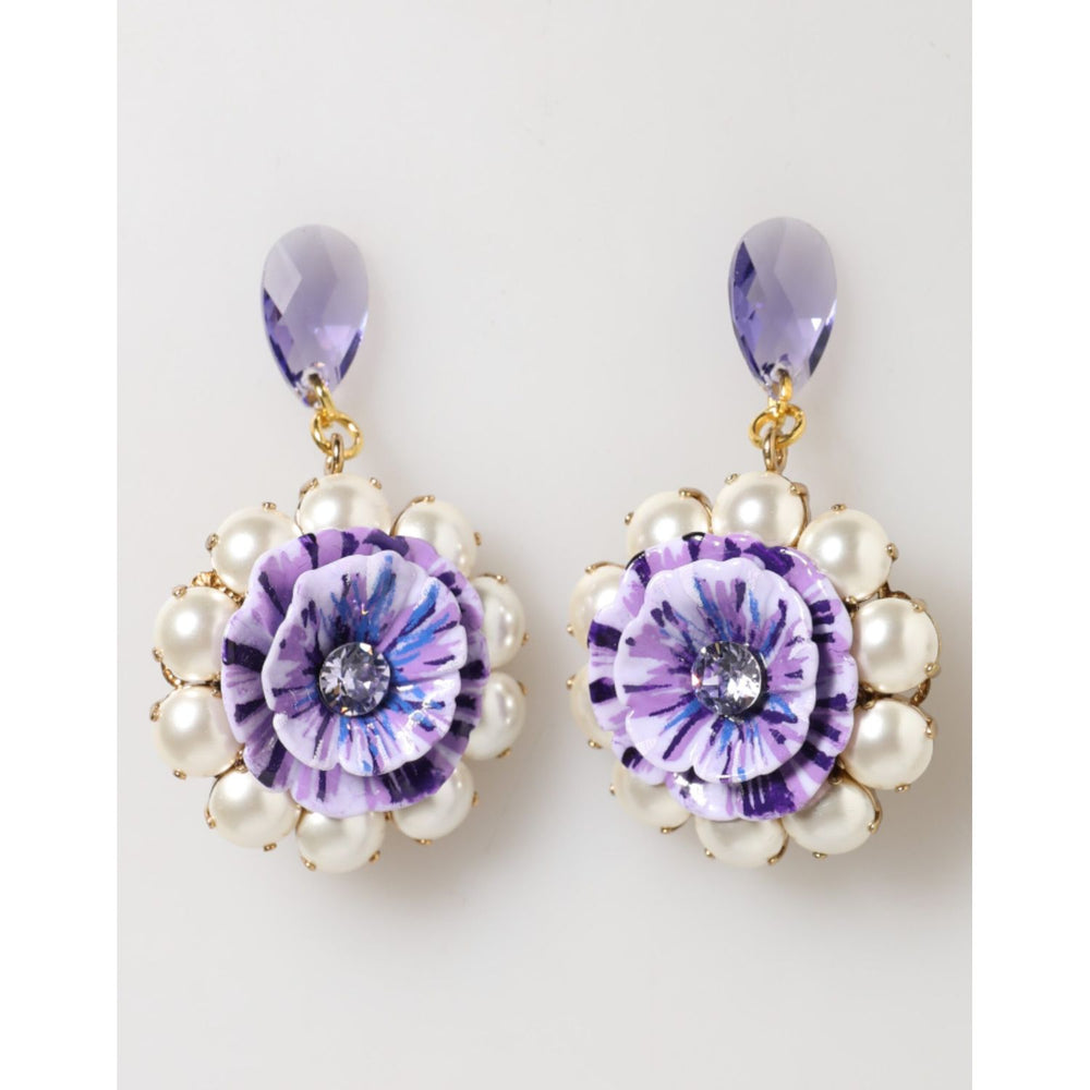 Dolce & Gabbana Purple Floral Crystal Pearl Drop Clip-On Statement Earrings with enamel flower and pearls.