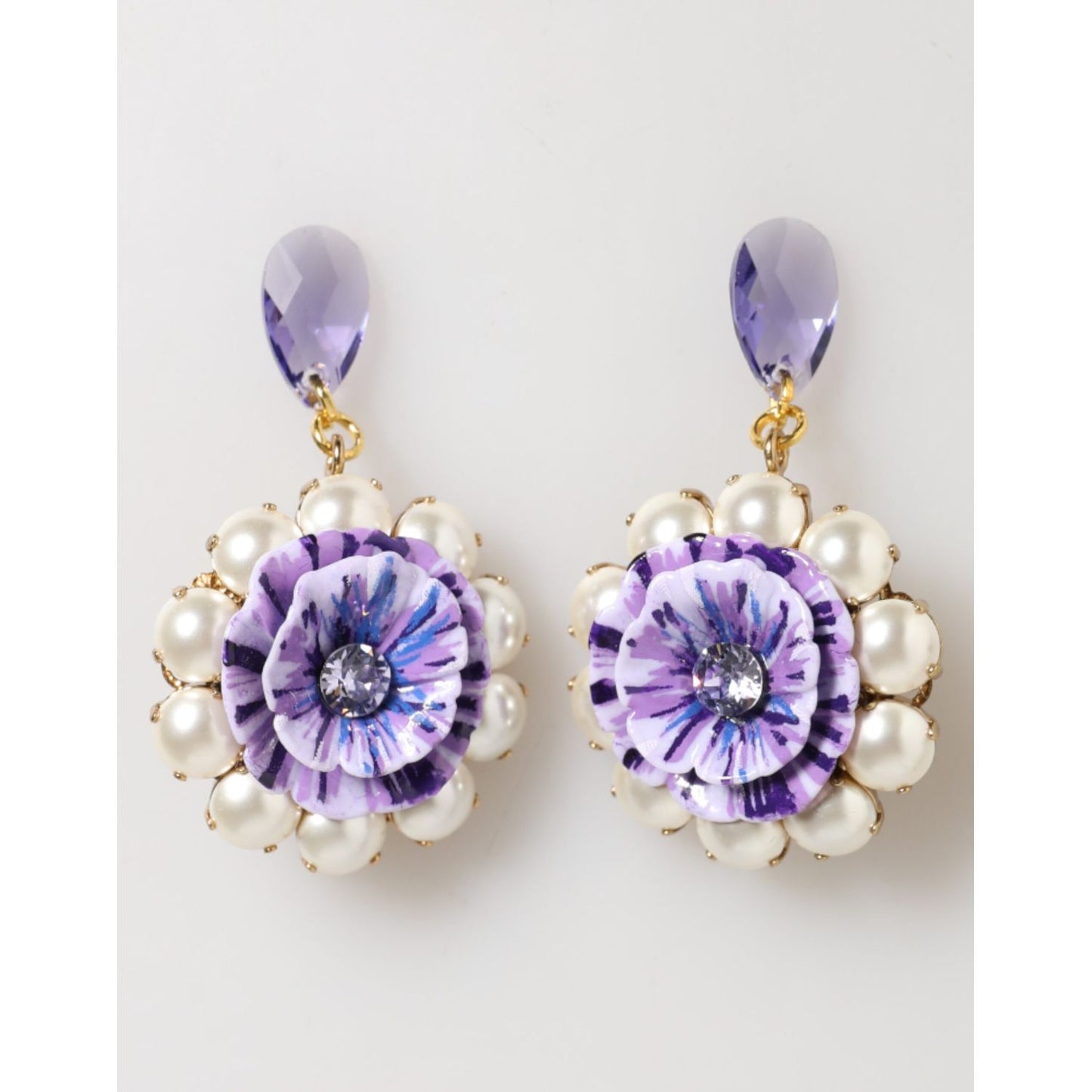 Dolce & Gabbana Purple Floral Crystal Pearl Drop Clip-On Statement Earrings with enamel flower and pearls.