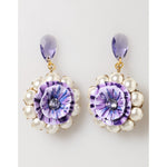 Dolce & Gabbana Purple Floral Crystal Pearl Drop Clip-On Statement Earrings with enamel flower and pearls.