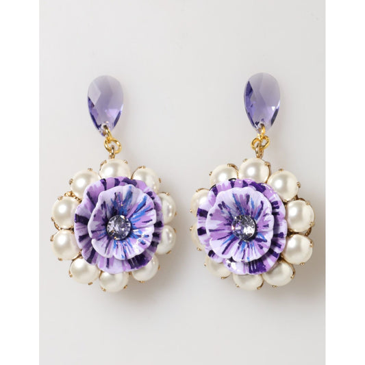 Dolce & Gabbana Purple Floral Crystal Pearl Drop Clip-On Statement Earrings with hand-painted flower and pearls.