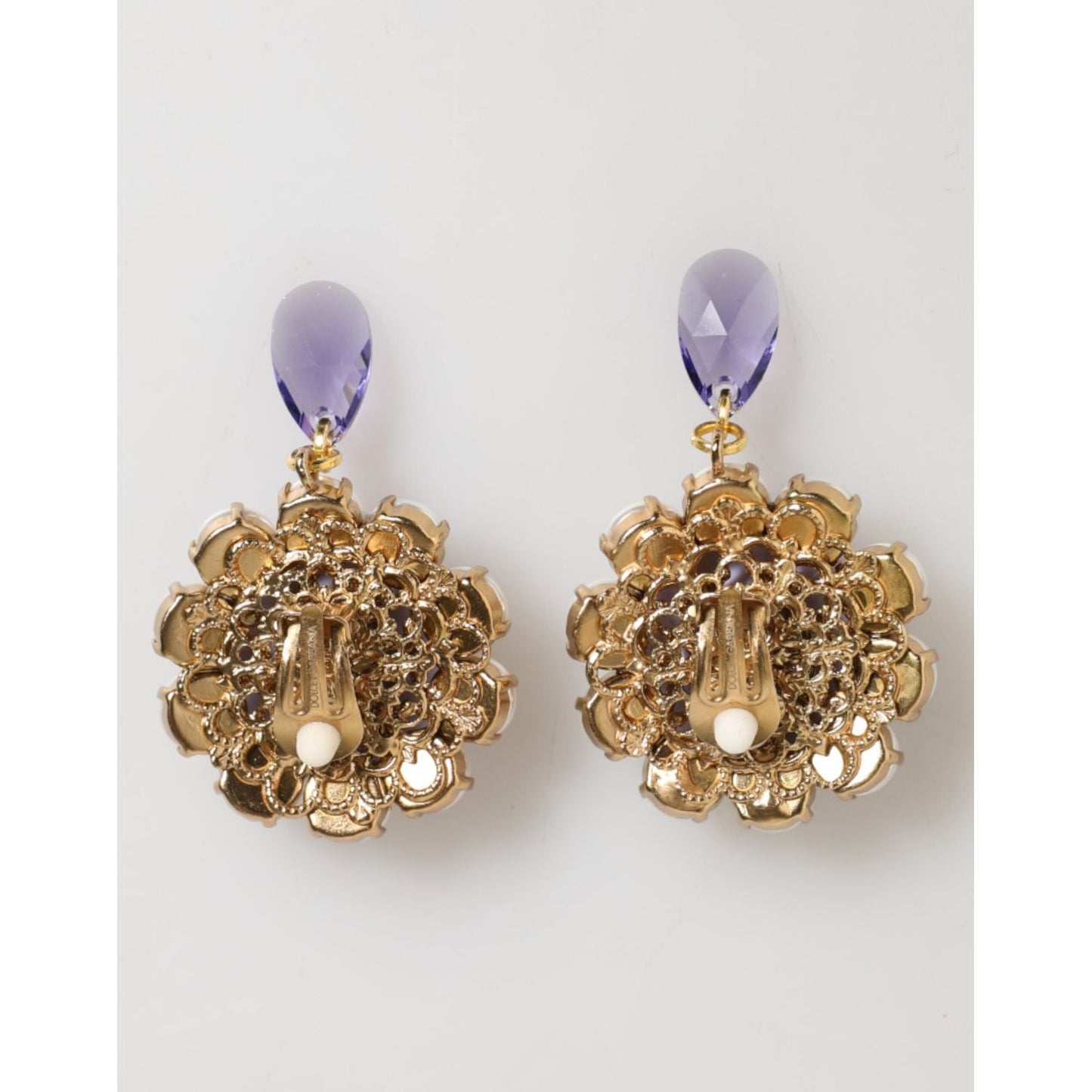 Dolce & Gabbana Purple Floral Crystal Pearl Drop Clip-On Statement Earrings, gold floral details with purple stones, luxurious design.