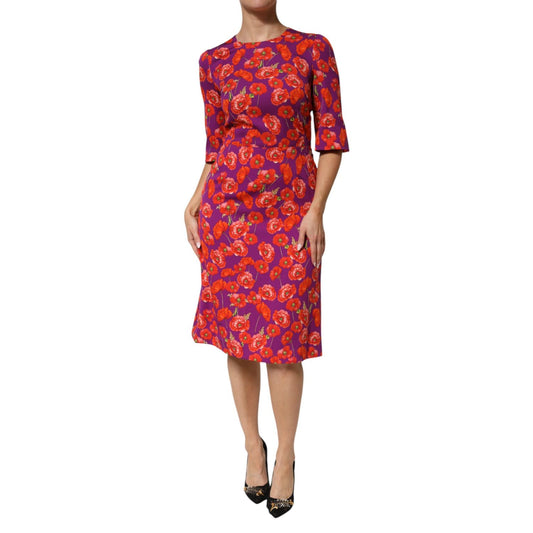 Dolce & Gabbana Purple Silk Floral Print Midi Sheath Dress with red poppies, half sleeves, elegant and sophisticated design.
