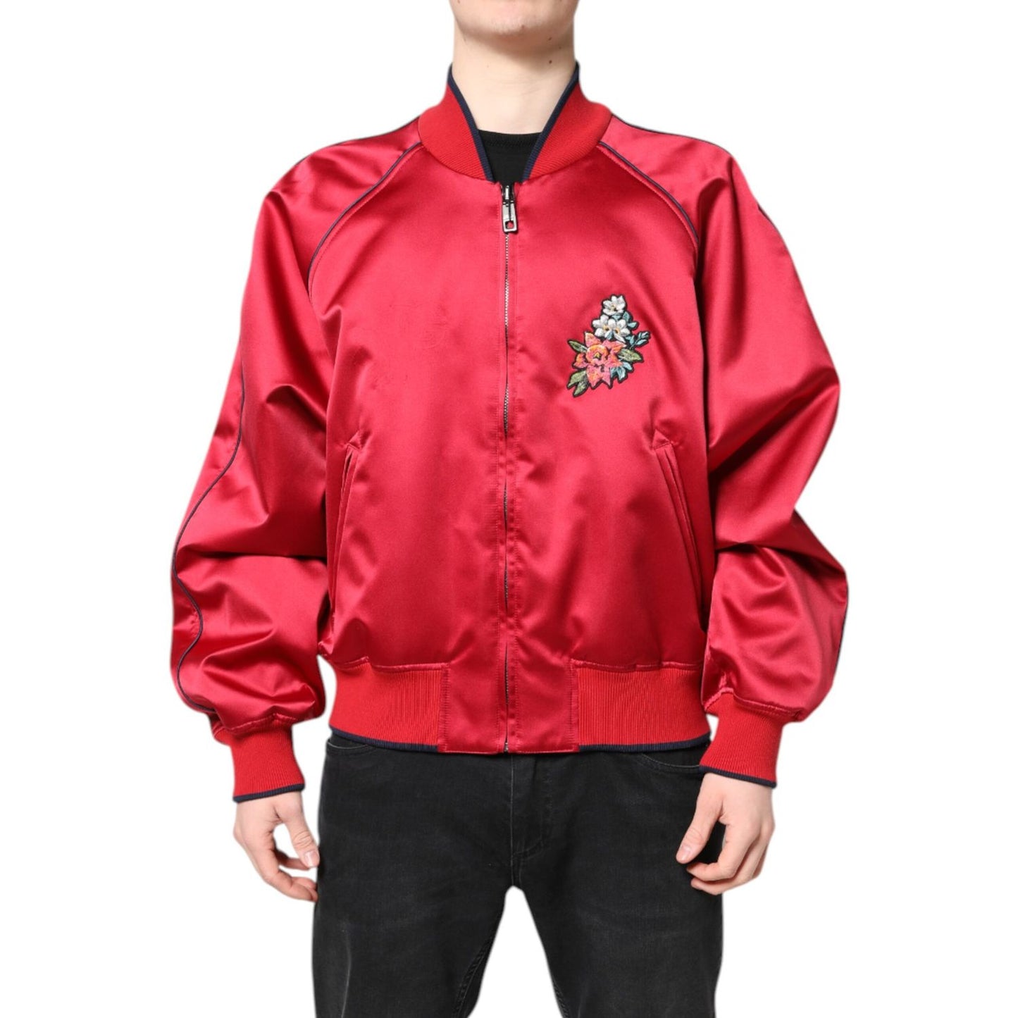 Dolce & Gabbana Red Floral Patch Full Zip Men Bomber Jacket Dolce & Gabbana
